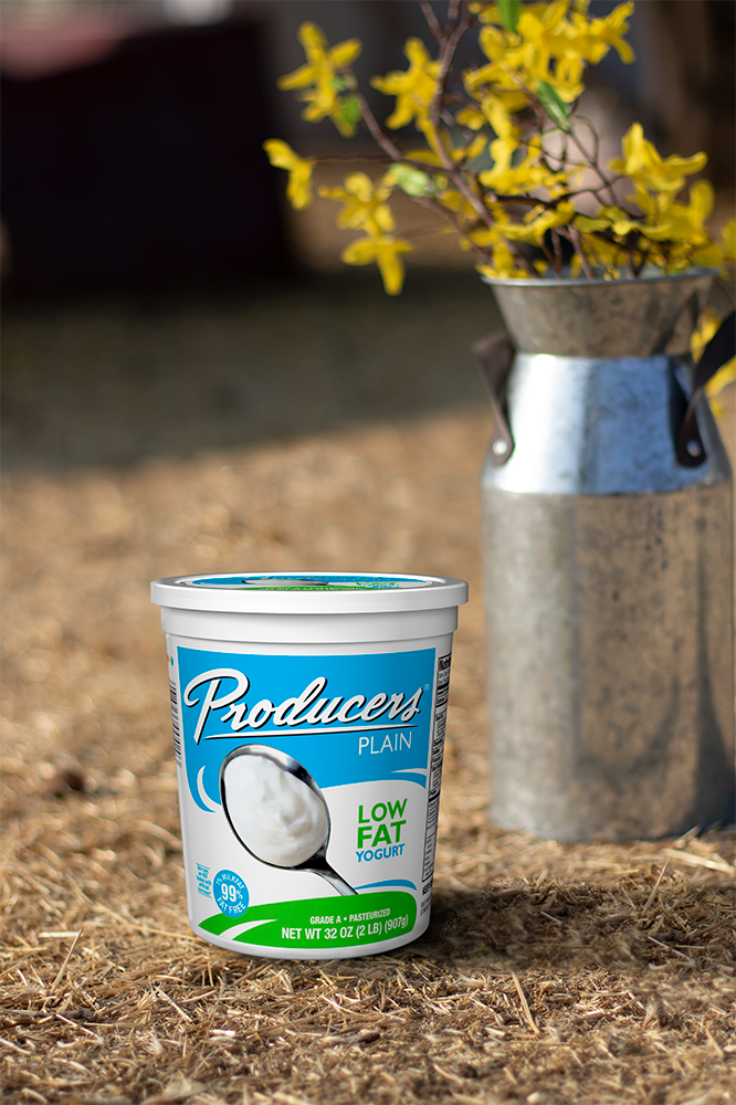 Plain32oz-Yogurt Producers Plain yogurt on a farm.